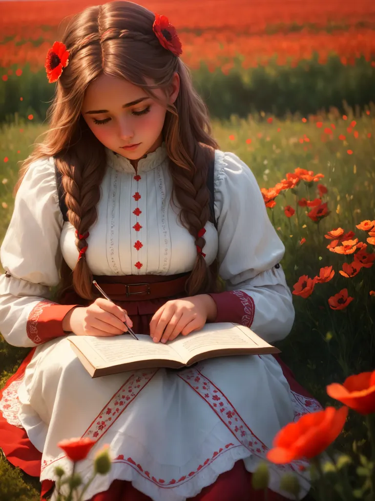 Esta imagen muestra a una mujer joven sentada en un campo de flores rojas. Lleva un vestido blanco con bordados rojos y tiene el cabello castaño largo trenzado y adornado con flores rojas. Está escribiendo en un libro con una pluma. El fondo está borroso pero muestra una colina y más flores a lo lejos.