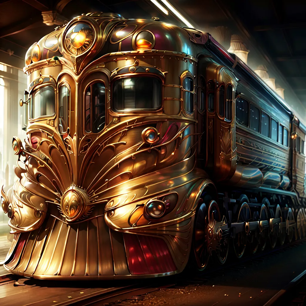 La imagen muestra una locomotora de vapor dorada con decoraciones ornamentales. Está en un lugar oscuro, quizás un túnel o una estación. La locomotora está hecha de oro muy pulido con luces brillantes en las ventanas y los faros. El tren es muy largo, con varios vagones de pasajeros detrás de la locomotora. La imagen es muy detallada, con muchos detalles intrincados en el tren.