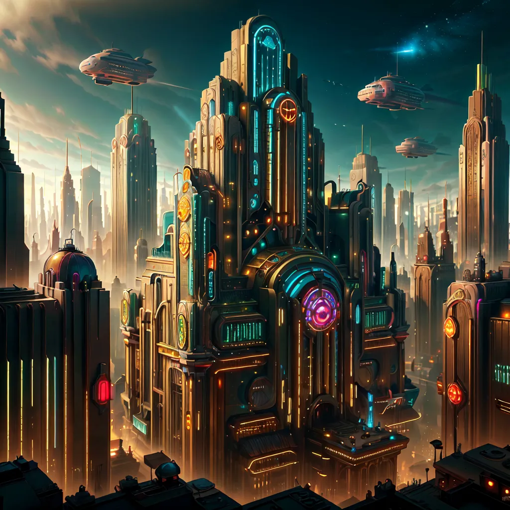 The image shows a futuristic city with tall buildings and flying cars. The buildings are made of glass and metal and have a lot of lights on them. The city is very crowded and there are a lot of people walking around. The sky is dark and there are a lot of stars out.