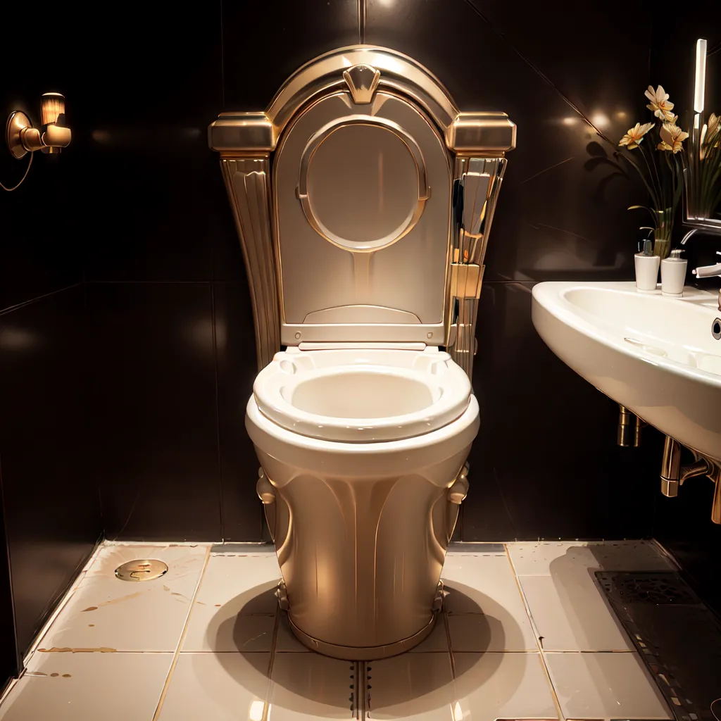 The image shows a gold-plated toilet in a modern bathroom. The toilet is the main focus of the image, and it is surrounded by dark marble tiles. There is a large mirror above the sink, and a small window on the left side of the image. The floor is made of white marble tiles. The image is well-lit, and the gold-plated toilet is the main source of light.