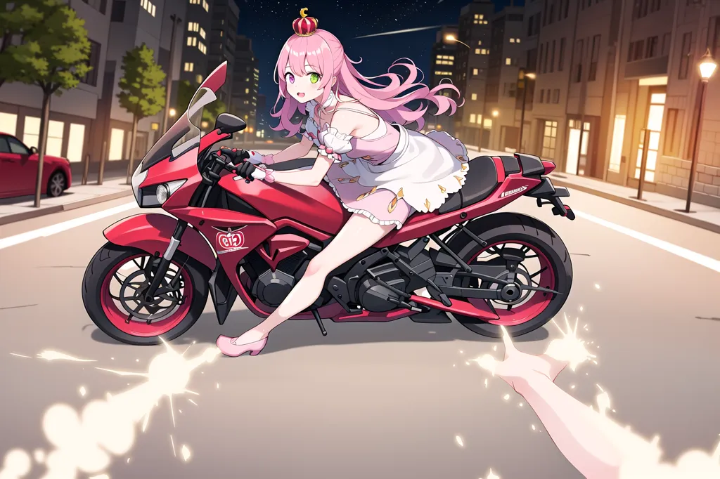 The image depicts an anime-style girl with pink hair riding a red motorcycle. She is wearing a white and pink dress and a crown. The girl is riding in a city at night. There are buildings and cars on either side of the road. The girl is smiling and has her eyes closed. She is wearing a helmet. The motorcycle is red and black. The girl is sitting on the seat of the motorcycle and has her feet on the pedals. The motorcycle is moving fast. The girl's hair is flowing behind her in the wind. The image is in full color and has a lot of detail.