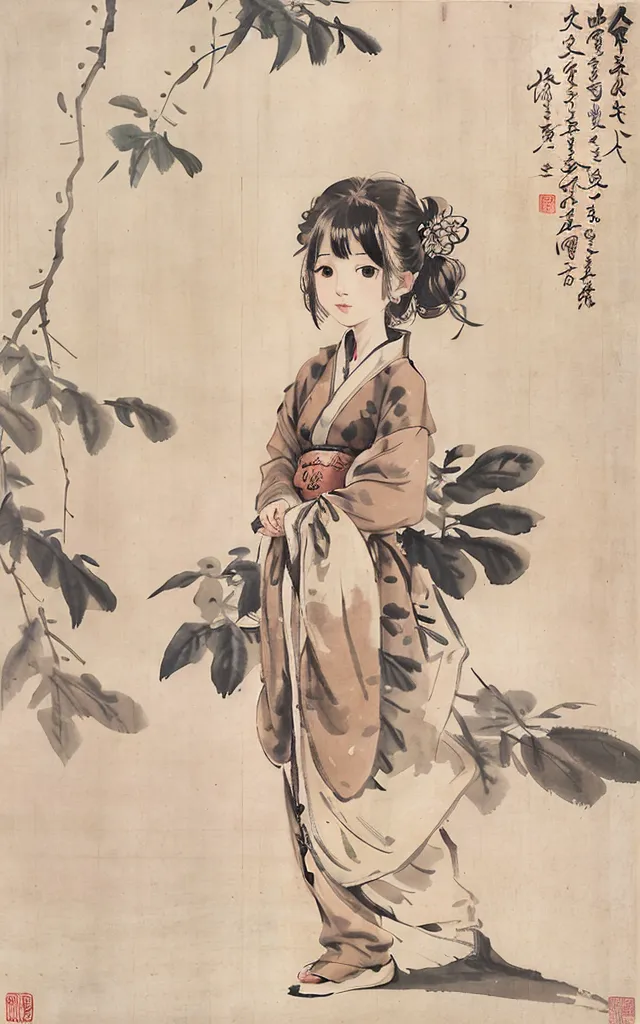 L'image est une peinture chinoise d'une jeune femme. Elle se tient dans une forêt de bambous et porte une longue robe fluide à motif floral. Ses cheveux sont longs et noirs, et elle porte une fleur blanche dans ses cheveux. Le visage de la femme est serein et beau, et elle regarde le spectateur avec un léger sourire. La peinture est réalisée dans un style réaliste, et l'artiste a utilisé une variété de coups de pinceau pour créer les différentes textures de la robe de la femme, des feuilles de bambou et des fleurs. La peinture est également très détaillée, et l'artiste a pris grand soin de capturer la beauté de la femme et la beauté du monde naturel qui l'entoure.