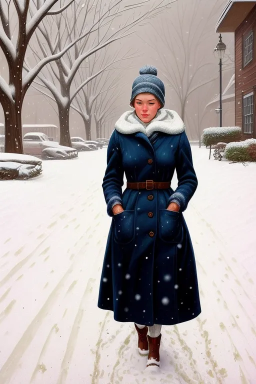 The image shows a young woman walking down a snowy street. She is wearing a blue coat with a white fur collar, a blue hat with a white pom-pom, and brown boots. The street is lined with trees and houses, and there are cars parked on the side of the road. The snow is falling heavily, and the woman's footprints are visible in the snow. The image is a realistic painting, and the artist has used light and shadow to create a sense of depth and atmosphere. The woman's expression is serene, and the image captures the beauty of a winter day.