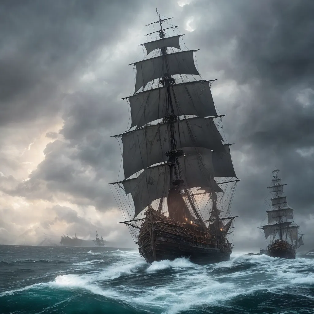 The image shows a large, black ship with white sails. The ship is moving through a stormy sea. The waves are large and the ship is being tossed around. The ship is surrounded by dark clouds and there is a bright light in the distance. The ship is made of wood and has three masts. The ship is flying a black flag with a white skull and crossbones. The ship is being pursued by two other ships. The image is dark and dramatic.