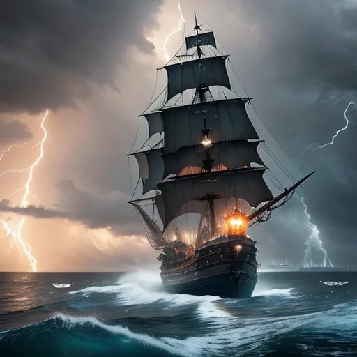 La imagen es una pintura digital de un barco pirata navegando en un mar tormentoso. El barco es negro con velas desgarradas y una gran bandera de calavera y huesos cruzados que ondea en el mástil principal. La tormenta está rugiendo con relámpagos destellando y truenos retumbando. El barco está siendo sacudido por las olas, pero aún así se mueve hacia adelante. La imagen está llena de acción y suspenso. Es un gran ejemplo de pintura digital y una obra de arte maravillosa.