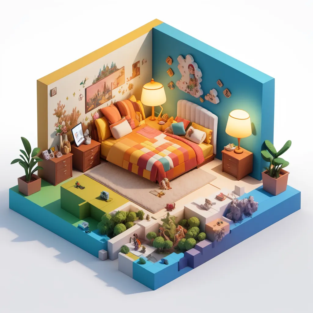 Esta es una ilustración de un acogedor dormitorio. La habitación está decorada en colores cálidos y tiene una cama, dos mesitas de noche, dos lámparas, un tocador y algunas plantas. La cama tiene un colorido edredón de retazos y algunas almohadas. Las mesitas de noche tienen lámparas encima. El tocador tiene algunos libros y un portátil. Las plantas están en macetas en el suelo. La habitación también está decorada con algunas fotos y algunas nubes colgantes. Hay una alfombra azul en el suelo. La habitación es muy acogedora e invitadora.