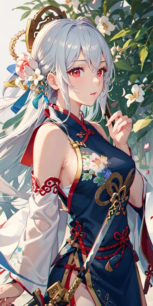 The image is a portrait of a young woman with long white hair and red eyes. She is wearing a blue and white cheongsam-style dress with a red sash and white sleeves. There are also white and pink flowers in her hair and a flower pattern on the dress. She is holding a sword in her right hand. The background is a blur of green leaves.