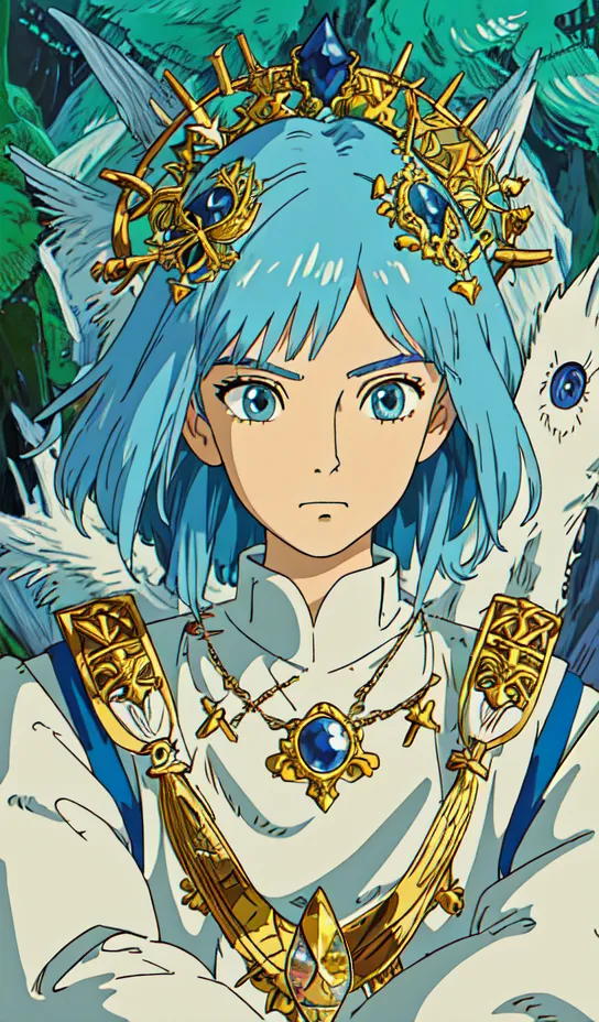 La imagen es de una mujer joven con el cabello azul y ojos azules. Ella está usando un vestido blanco con un collar de oro y una corona de oro. Ella está de pie frente a un bosque de árboles verdes. También hay algunas aves blancas y marrones volando a su alrededor. La imagen está dibujada en un estilo anime.