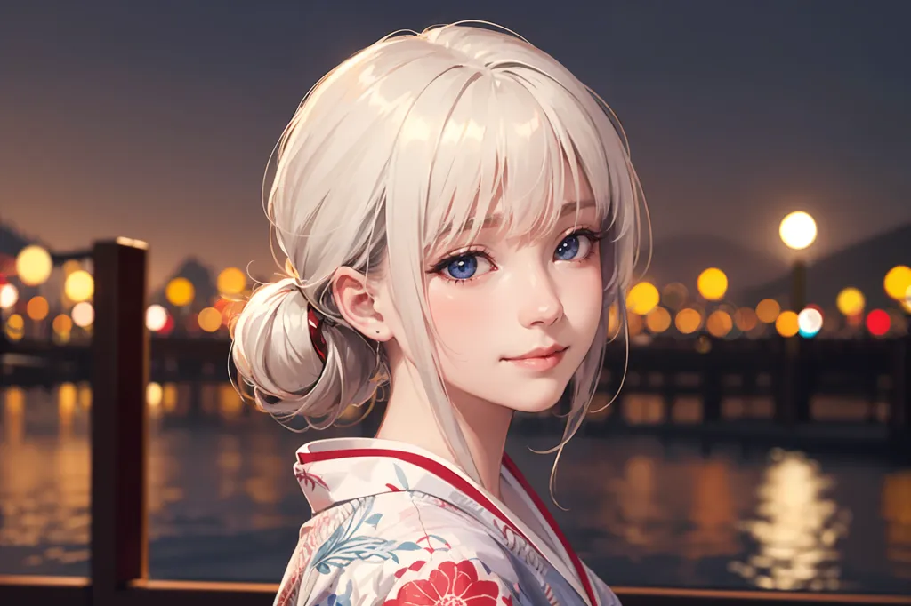 The image is a portrait of a young woman with white hair and blue eyes. She is wearing a traditional Japanese kimono with a floral pattern. The background is a blurred cityscape at night.