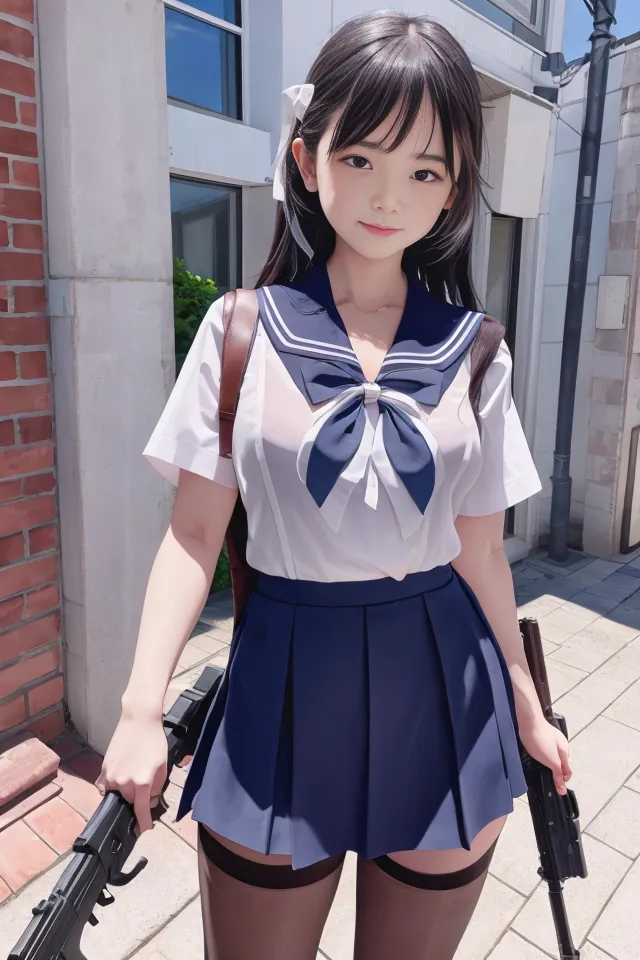 The image depicts a young woman, likely a high school student, dressed in a Japanese school uniform, which consists of a white short-sleeved blouse, a blue pleated skirt, and a blue necktie. She has brown hair tied in a ribbon and is carrying two guns. The background is a blurred street scene with buildings and trees.