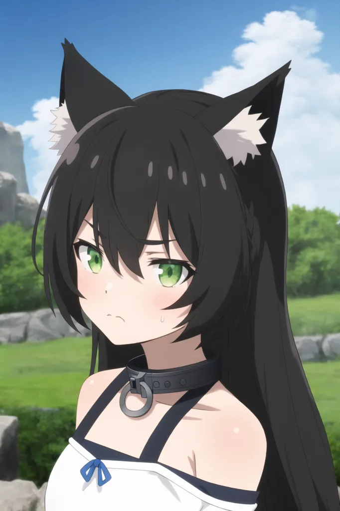 The image shows a young woman with black hair and green eyes. She has cat ears and a collar around her neck. She is wearing a white dress with a blue ribbon. She is standing in a field, and there are mountains in the background. The image is drawn in an anime style.