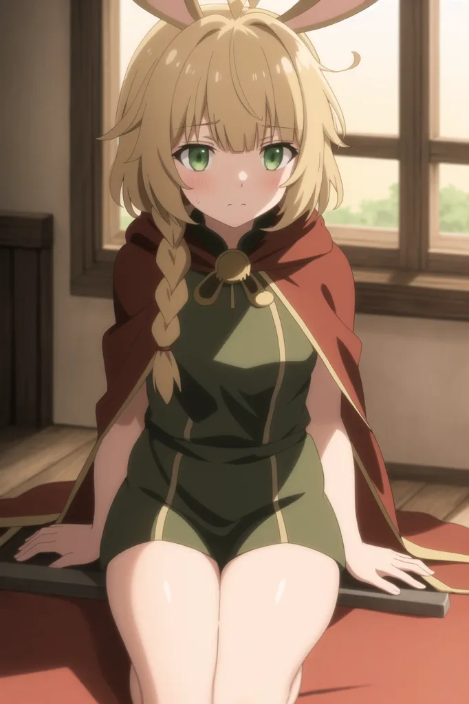 The image shows a young woman with long blonde hair and green eyes. She is wearing a green dress with a white collar and a red cape with a white trim. She is also wearing a pair of brown boots. She is sitting on a bed with her legs crossed and her hands resting on her lap. She has a shy expression on her face and is looking at the viewer.