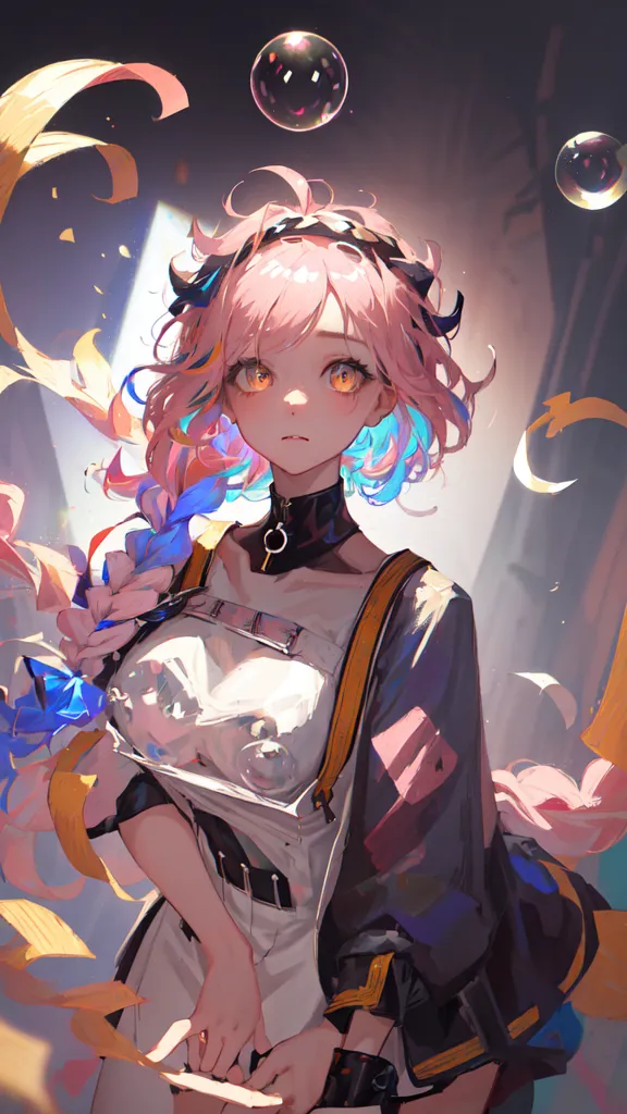 The image is a painting of a young woman with pink hair and yellow eyes. She is wearing a white dress with a black collar. There are bubbles floating around her head and she has a serious expression on her face. The background is dark with a spotlight shining down on her.