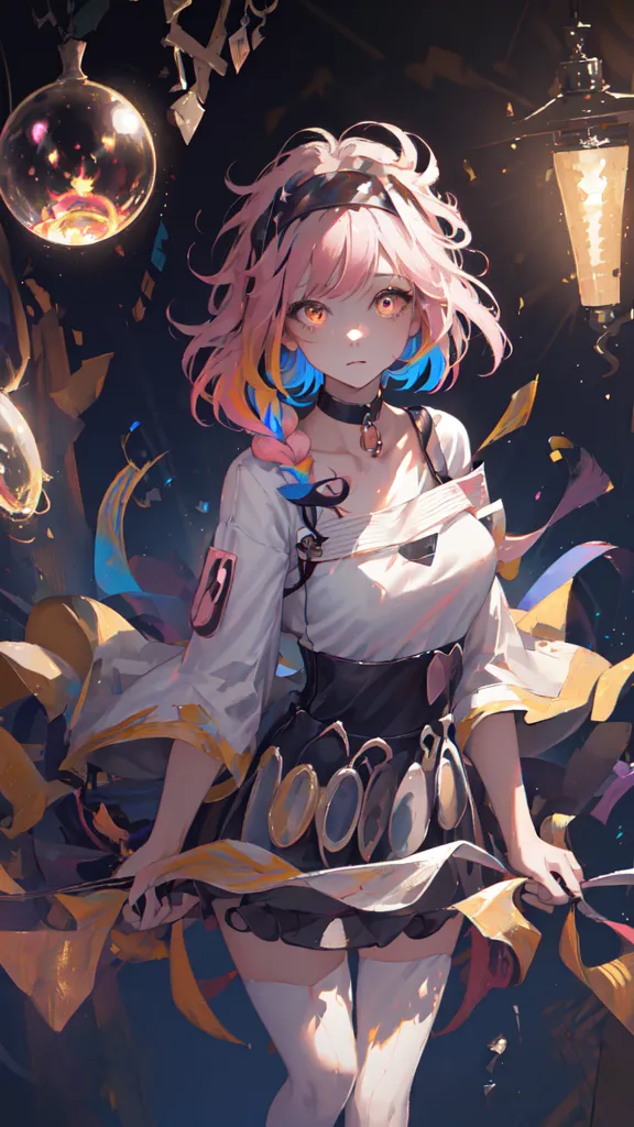 The image is of an anime girl with pink and blue hair. She is wearing a white and black outfit with a yellow skirt. She is holding a staff in her right hand and there are several floating orbs around her. The background is dark with a lantern on the right side and several falling objects.