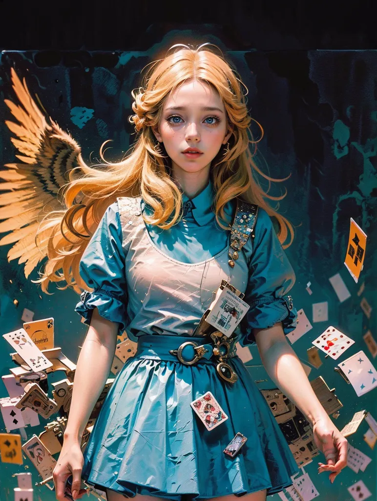 The image is of a beautiful young woman with long blonde hair and blue eyes. She is wearing a blue dress with a white collar and a brown belt with card suits on the belt buckle. She has a gold necklace with a clock on it and a gold bracelet on her left wrist. Her right hand is holding playing cards. She has angel wings made out of playing cards. There are also playing cards floating around her. The background is dark with a spotlight on her.