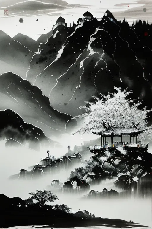 L'image est une peinture chinoise en noir et blanc. Elle représente un paysage montagneux avec un pavillon sur une falaise. Les montagnes sont recouvertes de brume et les arbres sont dénudés. Il y a une cascade au premier plan et une rivière à l'arrière-plan. La peinture est réalisée dans un style réaliste et l'artiste a utilisé une variété de coups de pinceau pour créer les différentes textures des montagnes, des arbres et de l'eau.