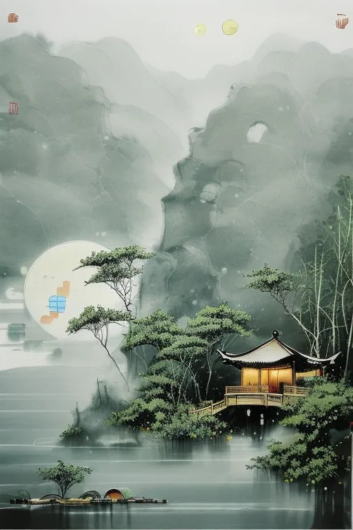 The image is a Chinese landscape painting. It depicts a pavilion on a lake in the mountains. The pavilion is surrounded by trees and shrubs, and there is a small bridge leading to it. In the background, there are mountains and a waterfall. The painting is done in a realistic style, and the artist has used a variety of brushstrokes to create the different textures of the trees, the water, and the mountains. The painting is also very atmospheric, and the artist has used a variety of techniques to create the sense of depth and distance. Overall, the painting is a beautiful and evocative work of art.