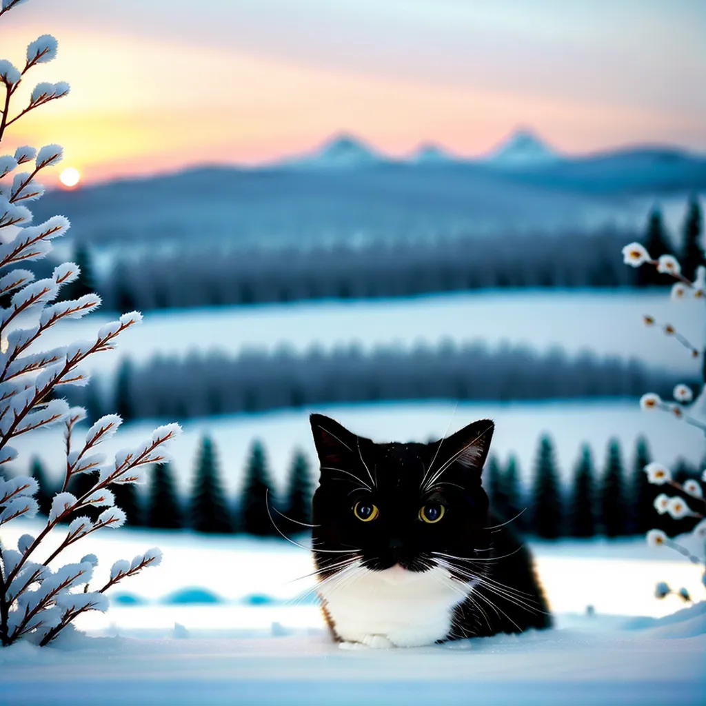 雪の中に座っている黒白の猫。その猫には黄色い目があり、カメラを見つめている。背景は雪に覆われた景色で、遠くに山々が見える。空は橙色と黄色のグラデーションになっている。