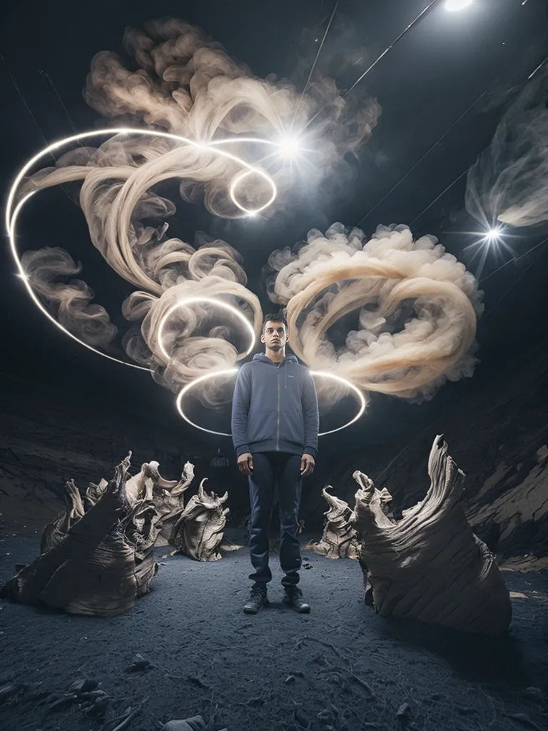 A young man is standing in a dark place. He is wearing a blue sweater and jeans. He has his hands by his side and is looking at the camera. There are several tree stumps around him. There are also strange glowing smoke formations above him. The background is dark and there are some bright lights in the distance.