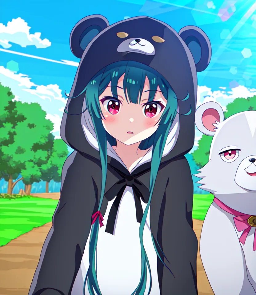 The image shows an anime girl with long green hair and red eyes. She is wearing a black and white bear-themed hoodie with a red ribbon. She is also wearing a white skirt and black boots. She is standing in a field with a large white bear beside her. The background is a blue sky with white clouds. The girl is smiling happily.