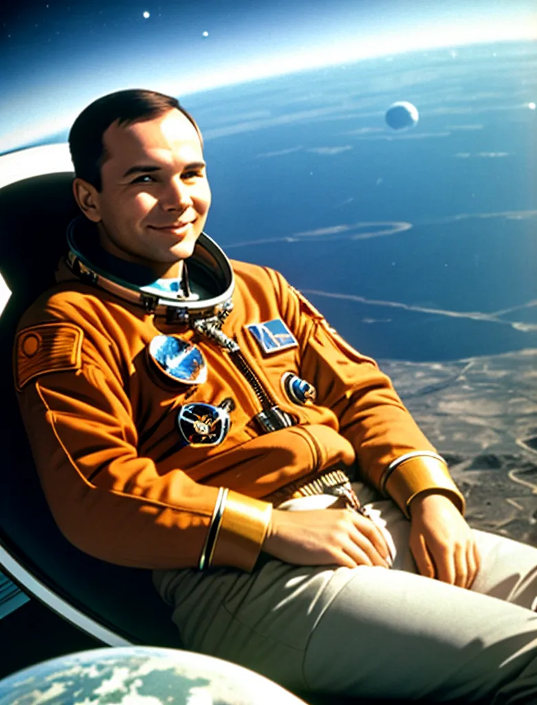 The image shows an astronaut sitting in a chair in space. He is wearing an orange spacesuit with a white helmet. The astronaut is smiling and looking at the camera. In the background, the Earth and the moon can be seen.