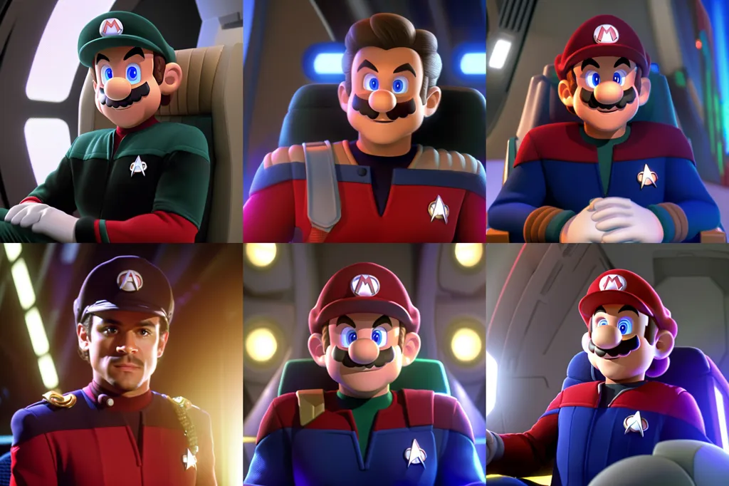 The image shows Mario from the Super Mario Brothers video game series in various uniforms from the Star Trek science fiction franchise. 

In the top left image, Mario is wearing the green and gray uniform of a Starfleet security officer. 
In the top middle image, Mario is wearing the red uniform of a Starfleet operations officer. 
In the top right image, Mario is wearing the blue uniform of a Starfleet science officer. 
In the bottom left image, Mario is wearing the black and gold uniform of a Starfleet admiral. 
In the bottom middle image, Mario is wearing the blue and gray uniform of a Starfleet medical officer. 
In the bottom right image, Mario is wearing the red and black uniform of a Starfleet engineer.