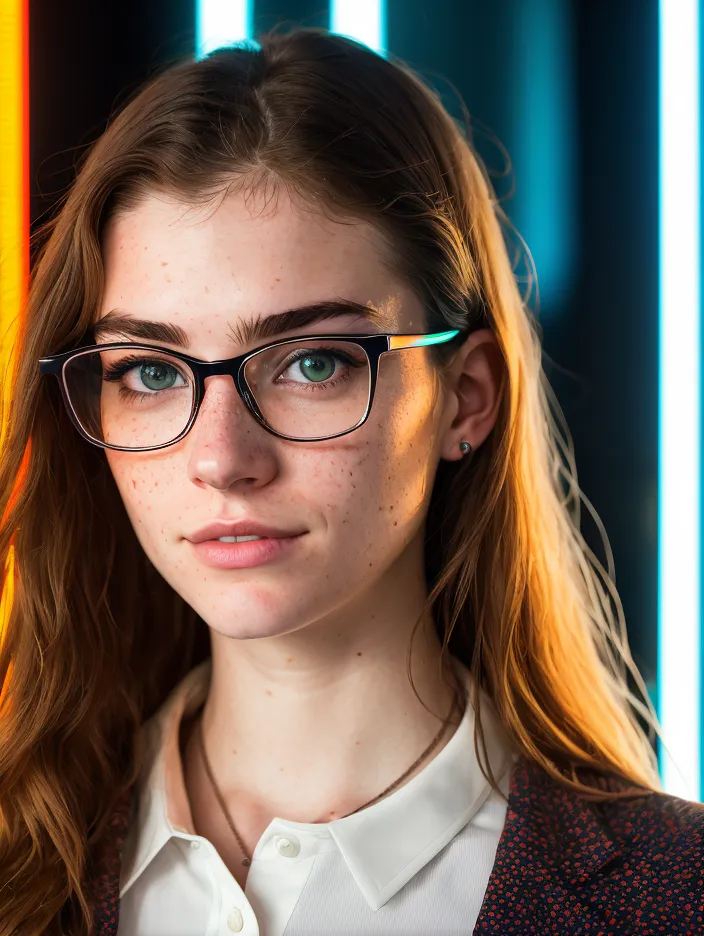 The image shows a young woman with long, auburn hair and green eyes. She is wearing glasses, a white shirt, and a dark jacket. She has a confident expression on her face and is looking directly at the viewer. There are colorful neon lights in the background.