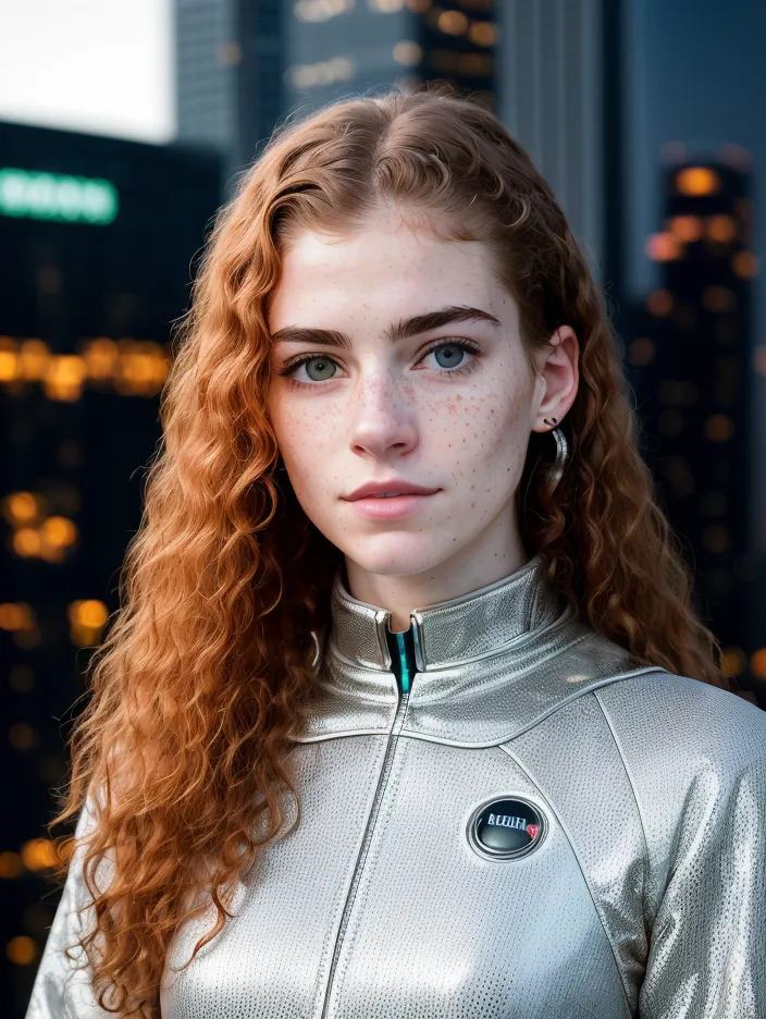 L'image est un portrait d'une jeune femme aux longs cheveux bouclés roux et aux yeux verts. Elle a des taches de rousseur sur le visage et porte une veste argentée avec une bande verte sur le col. L'arrière-plan est flou, mais on dirait qu'elle se tient dans une ville.