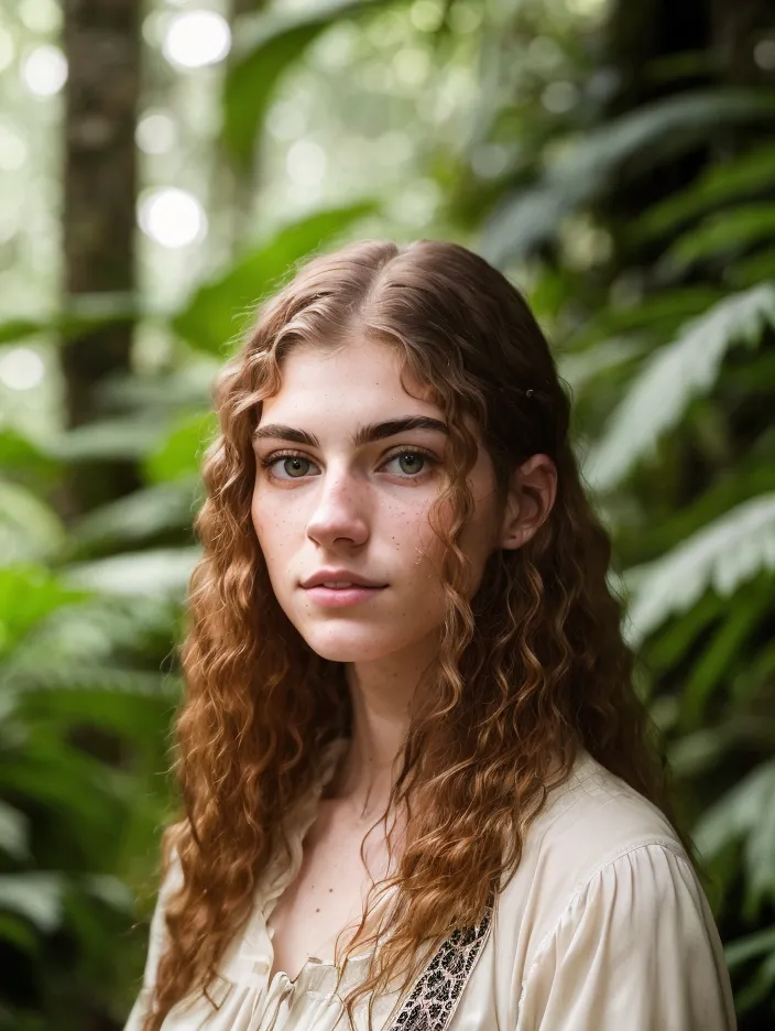 The picture shows a young woman with long, wavy auburn hair. Her skin is fair and flawless. She has a natural, almost ethereal beauty. She is wearing a simple dress. The background is a lush green jungle.