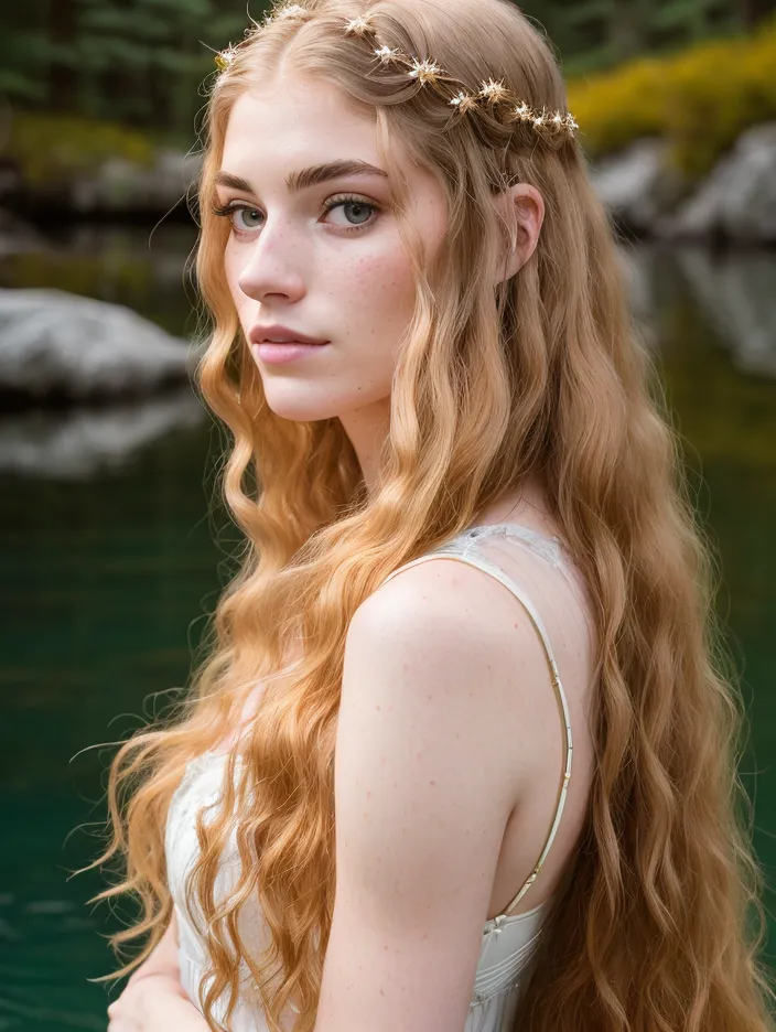 La imagen muestra a una mujer joven con el cabello largo y ondulado de color rubio. Lleva un vestido blanco con escote de corazón y una diadema dorada con flores en forma de estrella. La mujer está de pie frente a un lago, con agua verde y grandes rocas en el fondo. Mira a la cámara con una expresión seria.