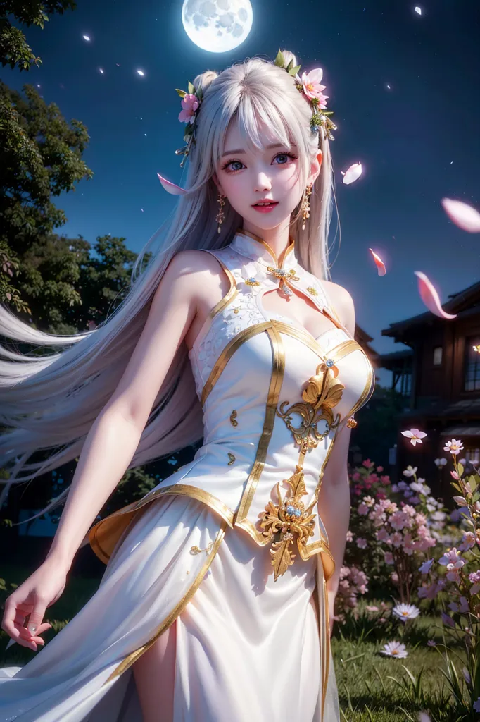 The image is of a beautiful young woman with long white hair and blue eyes. She is wearing a white and gold dress with a high collar and a long slit in the skirt. She is also wearing a necklace and earrings. The woman is standing in a garden with a full moon in the background. There are trees and flowers in the background. The woman is smiling and looks happy.