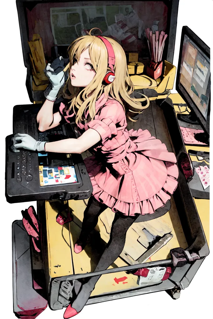 The image is of a young woman sitting on a large yellow machine. She is wearing a pink dress and headphones and has long blonde hair. She is holding a pen in her right hand and a tablet in her left hand. There are two computer monitors in front of her, and various other objects on the machine, including a keyboard, a mouse, and a cup. The woman is looking at the tablet in her hand. The image is drawn in a realistic style and the colors are vibrant.