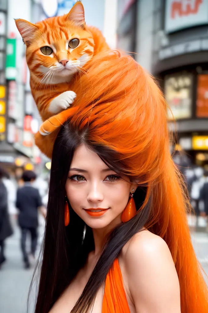 Uma jovem mulher com cabelos longos pretos e laranja está posando para uma foto com um gato laranja em sua cabeça. O gato está sentado no topo de seu cabelo e tem uma pata em seu ombro. A mulher está usando um vestido laranja e tem brincos laranja. Ela está em pé em frente a uma rua movimentada com pessoas andando ao fundo.