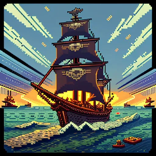 The image is a pixel art of a pirate ship. The ship is black with a skull and crossbones flag. The ship is in the middle of the ocean, with waves crashing against it. There are clouds in the background and a setting sun. In the background, there are other ships in the distance. The ship is surrounded by a group of small boats.