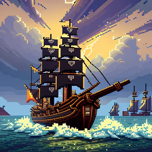 The image is a pixelated pirate ship. The ship is black with three masts and black sails. It is flying a black flag with a white skull and crossbones. The ship is surrounded by a stormy sea with large crashing waves. There are two other ships in the background. The sky is dark and cloudy with lightning flashing.