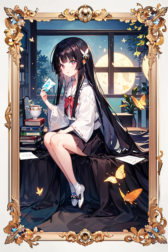 The image is of a girl sitting on a couch in front of a window. She is wearing a white shirt, black skirt, and red bow. She has long black hair and purple eyes. She is holding a teacup in her right hand and a letter in her left hand. There are books, papers, and a potted plant on the couch next to her. There are also butterflies flying around her. The background is a night sky with a full moon. The image is framed in a gold frame with ornate flourishes.