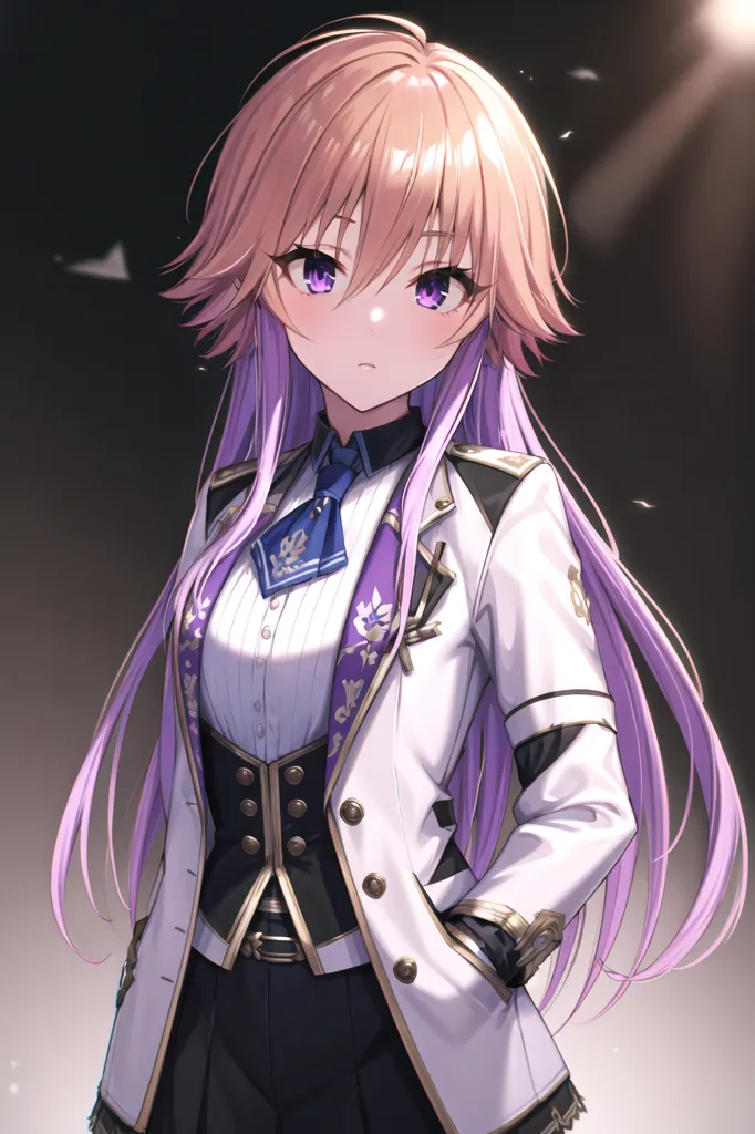 The image is a portrait of a young woman with long pink and purple hair. She is wearing a white military-style jacket with gold buttons and a black skirt. She has a serious expression on her face and is looking at the viewer with her purple eyes.