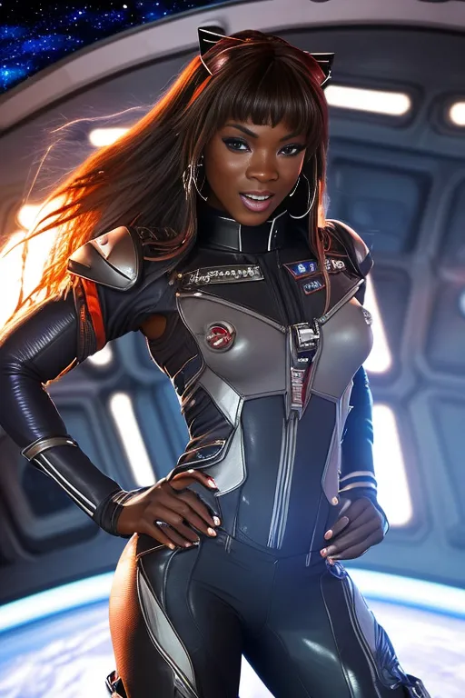 The image shows a beautiful black woman with long brown hair and cat ears. She is wearing a black and gray skintight suit with orange and blue highlights. She has a confident smile on her face and is standing with her hands on her hips. She is standing in front of a futuristic spaceship with a large window in the background.