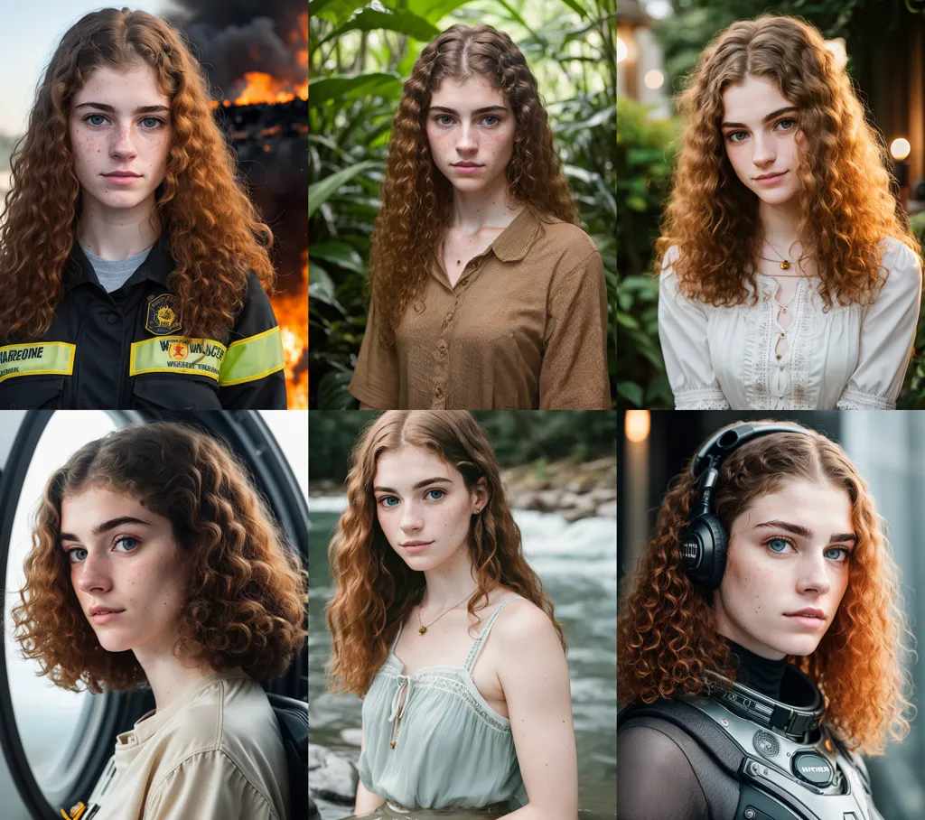 The image shows a young woman with curly hair and freckles. She is wearing different clothes in each photo, including a firefighter's uniform, a brown shirt, a white blouse, a green dress, and a black suit with headphones. The background in each photo is also different. In one photo, she is standing in front of a burning building. In another photo, she is standing in a forest. In another photo, she is standing in front of a waterfall. In another photo, she is sitting in a car. In another photo, she is wearing a spacesuit and standing on a planet.