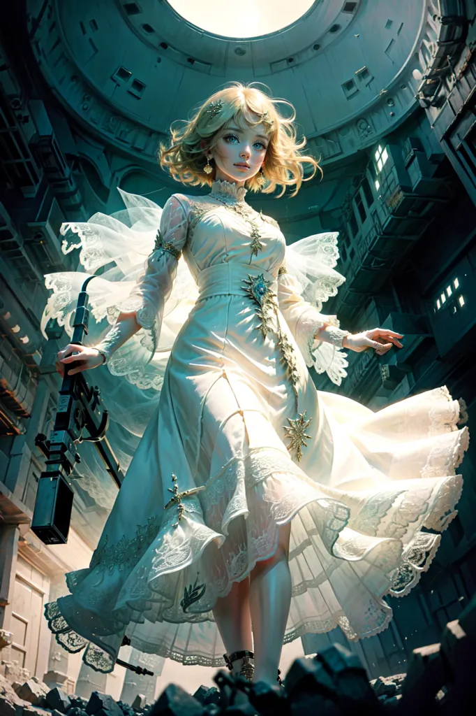 The image is of a beautiful young woman with long blond hair and blue eyes. She is wearing a white dress with a high collar and a long skirt. The dress is trimmed with gold and silver thread, and she is wearing a gold necklace and earrings. She is also wearing a pair of white gloves. The woman is standing in a large, open space. There are buildings and structures in the background, but they are all in shadow. The woman is holding a large gun in her right hand. The gun is pointed at the viewer. The woman's expression is one of determination and purpose. She is clearly ready to fight for what she believes in.