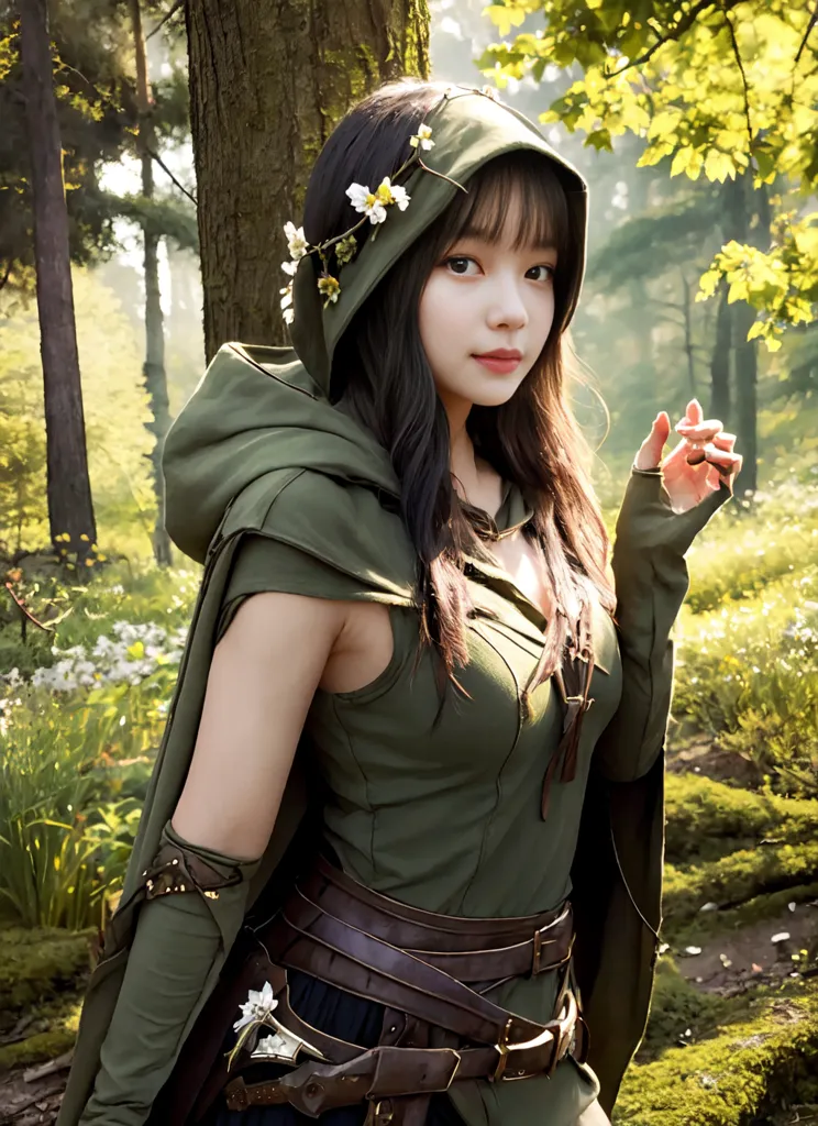 La imagen es un retrato de una mujer joven vestida con un atuendo de estilo fantástico verde. Ella está de pie en un bosque, con árboles y flores en el fondo. La mujer tiene el cabello largo y castaño, y lleva una capucha verde y un chaleco verde. Tiene un cinturón marrón alrededor de la cintura y lleva una espada en la cadera. Tiene una corona de flores en la cabeza y hay flores en su cabello. La mujer mira al espectador con una expresión seria.