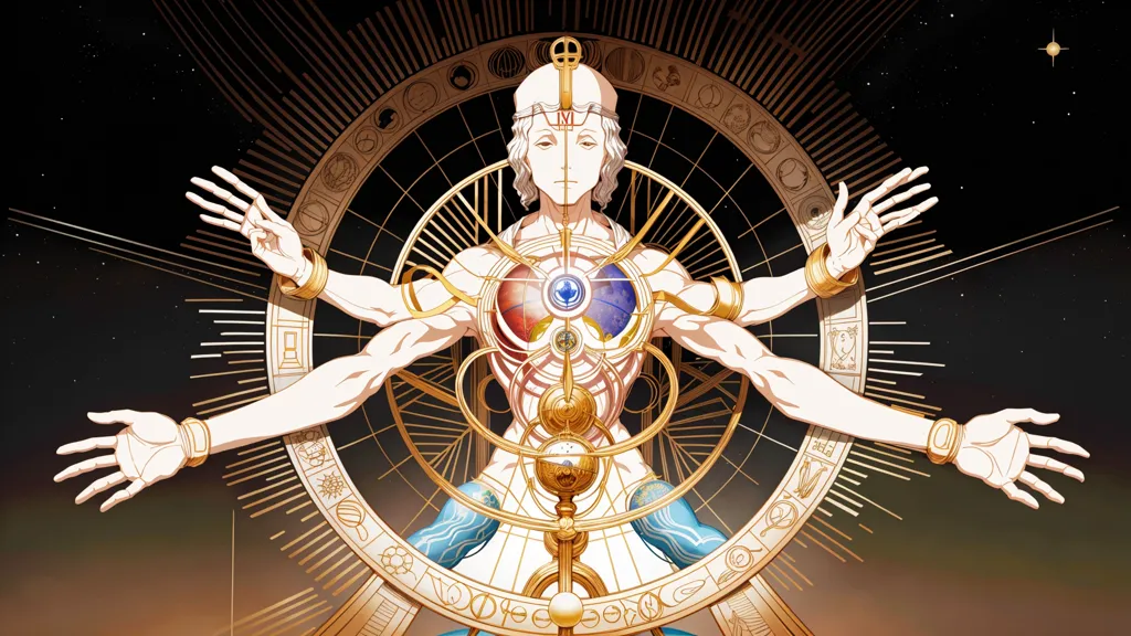 The image is of a white-haired man with four arms. He is wearing a golden headdress and a golden loincloth. His body is covered in golden and blue tattoos. He is standing in front of a golden and white background with many symbols. The background also has a large clock in the center with four smaller clocks surrounding it. The man has his arms outstretched to the sides and his eyes are closed.