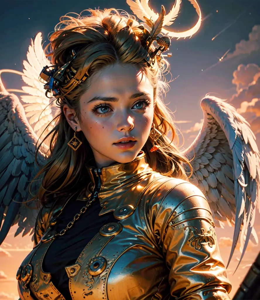 The image is of a beautiful woman with long, flowing hair and piercing blue eyes. She is wearing a golden breastplate and has a pair of golden wings. There are clouds behind her and she has a serious expression on her face.