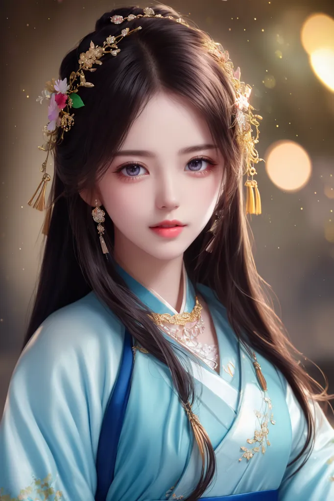 The image shows a beautiful young woman with long black hair and purple eyes. She is wearing a traditional Chinese dress with a blue and white floral pattern. The dress has a high collar and long sleeves. She is also wearing a number of hair accessories, including a golden tiara, a pair of earrings, and a necklace. The background of the image is a blur of light and dark colors.