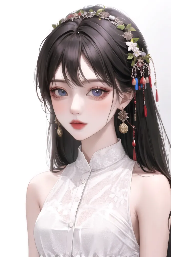 The image is a portrait of a young woman with long black hair. She is wearing a white sleeveless shirt with a high collar. The shirt is decorated with delicate floral embroidery. She is also wearing a number of hair accessories, including a headband, earrings, and a hair comb. The headband is decorated with flowers and beads, and the earrings are made of gold and feature a dangling design. The hair comb is made of jade and is carved with intricate designs. The woman has a soft smile on her face and her eyes are slightly downcast. Her skin is fair and flawless, and her lips are a soft pink. The background of the image is a pale grey.