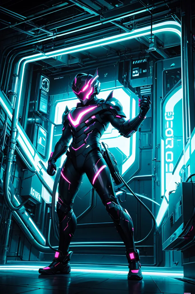 This is an image of a person in a futuristic suit of armor. The armor has a black and purple color scheme, and the person is standing in a dark room with blue lights. The room looks like a spaceship or some other kind of futuristic vehicle. The person is wearing a helmet, and their face is not visible. They are holding a gun in their right hand. The image is very detailed, and the person in the armor looks very realistic.