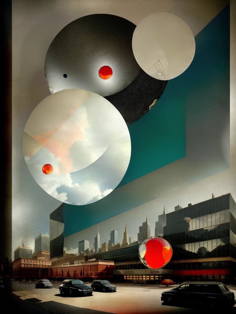 The image is a surrealist cityscape. There are several large, semi-transparent spheres floating in the sky above a city. The spheres are mostly white and gray, with one large red sphere and several smaller red spheres. The city is made up of tall buildings, mostly made of glass and steel. The sky is a light blue color. There are cars parked on the street in front of the buildings.