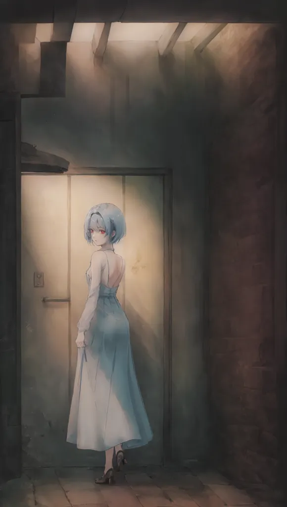 This is an image of a woman standing with her back to the viewer. She is wearing a white dress with a low back and black high heels. Her hair is short and blue, and her eyes are red. She is standing in a dark room with a single light source coming from the right. The room is made of stone with large stone blocks making up the walls. There is a door in the background of the image.