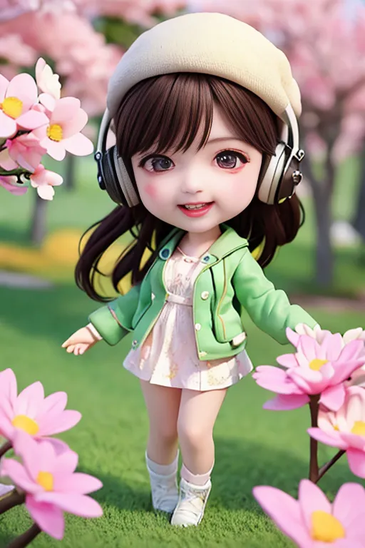 The image shows a cute little girl with brown hair and big brown eyes. She is wearing a white beret, a green jacket, and a pink dress. She also has headphones on and is surrounded by pink flowers. The background is a blur of green grass and pink flowers. The girl is smiling and looks happy.