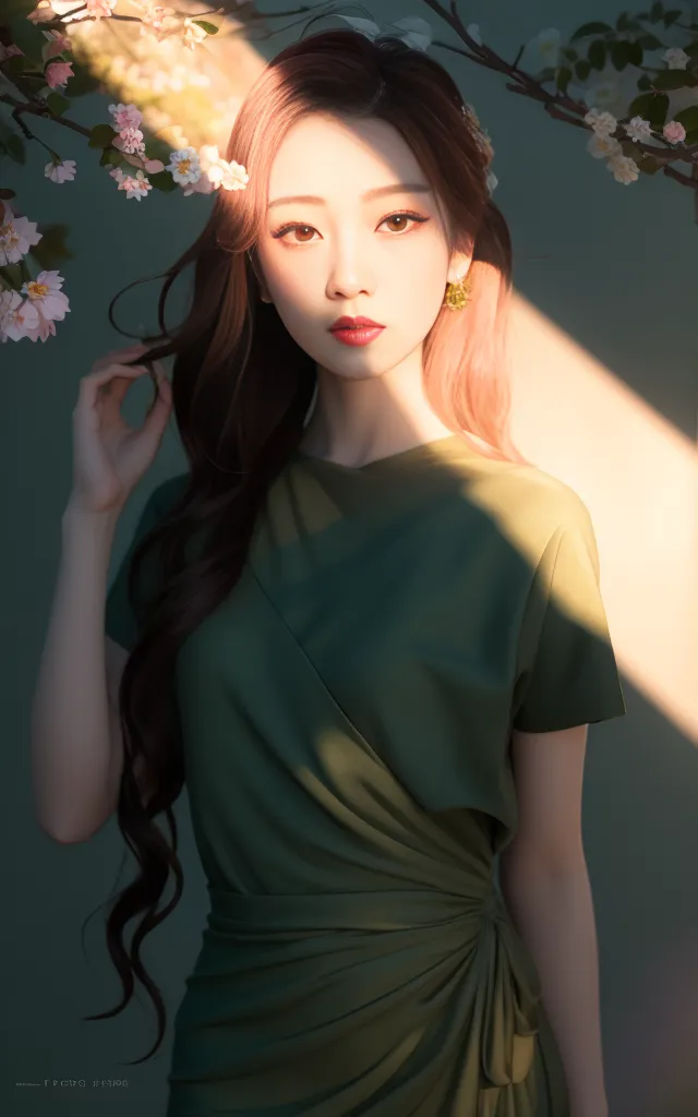 La imagen es un retrato de una mujer joven con el cabello largo y ondulado. Lleva un vestido verde y tiene una sonrisa suave en su rostro. El fondo es un verde suave y borroso. La mujer está de pie frente a un árbol. El sol se filtra a través de las hojas del árbol, creando un patrón de luces y sombras sobre su rostro y cuerpo. El cabello de la mujer se agita con la brisa, y tiene una expresión serena en su rostro. La imagen es pacífica y tranquilizadora, y evoca una sensación de primavera.